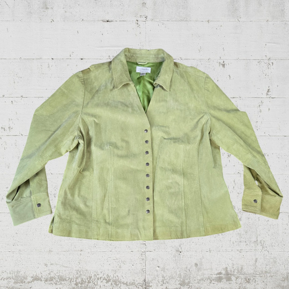Y2K CJ Banks Spring Light Green Suede Snap Button V Neck Leather Jacket Size 2X - Picture 1 of 7